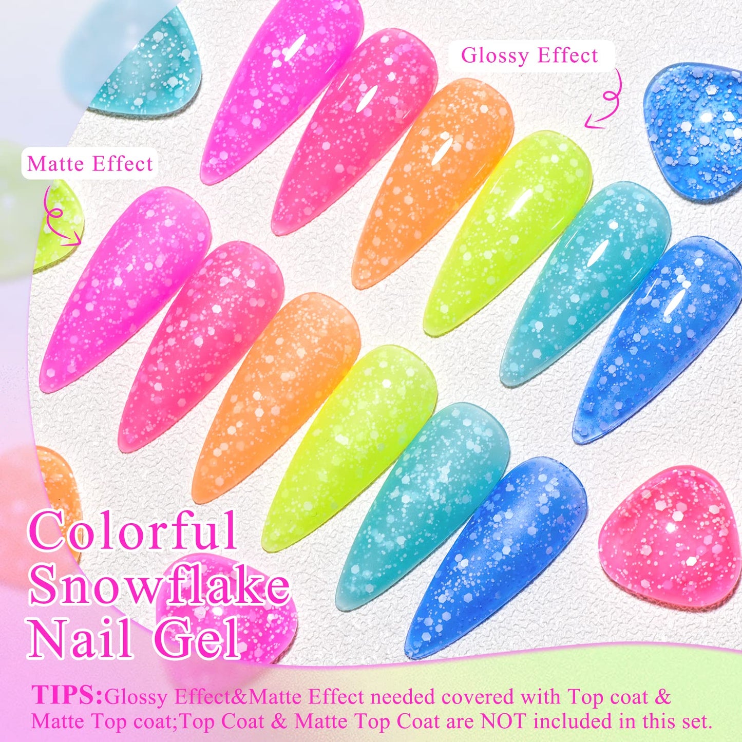 MEET ACROSS Neon Snowflake Gel Nail Polish Set Pastel Gel Polish Set Spring Summer Sparkle Fluorescent Bright Yellow Pink Blue Gel Polish Soak Off Nail Art Salon Design Manicure 6PCS