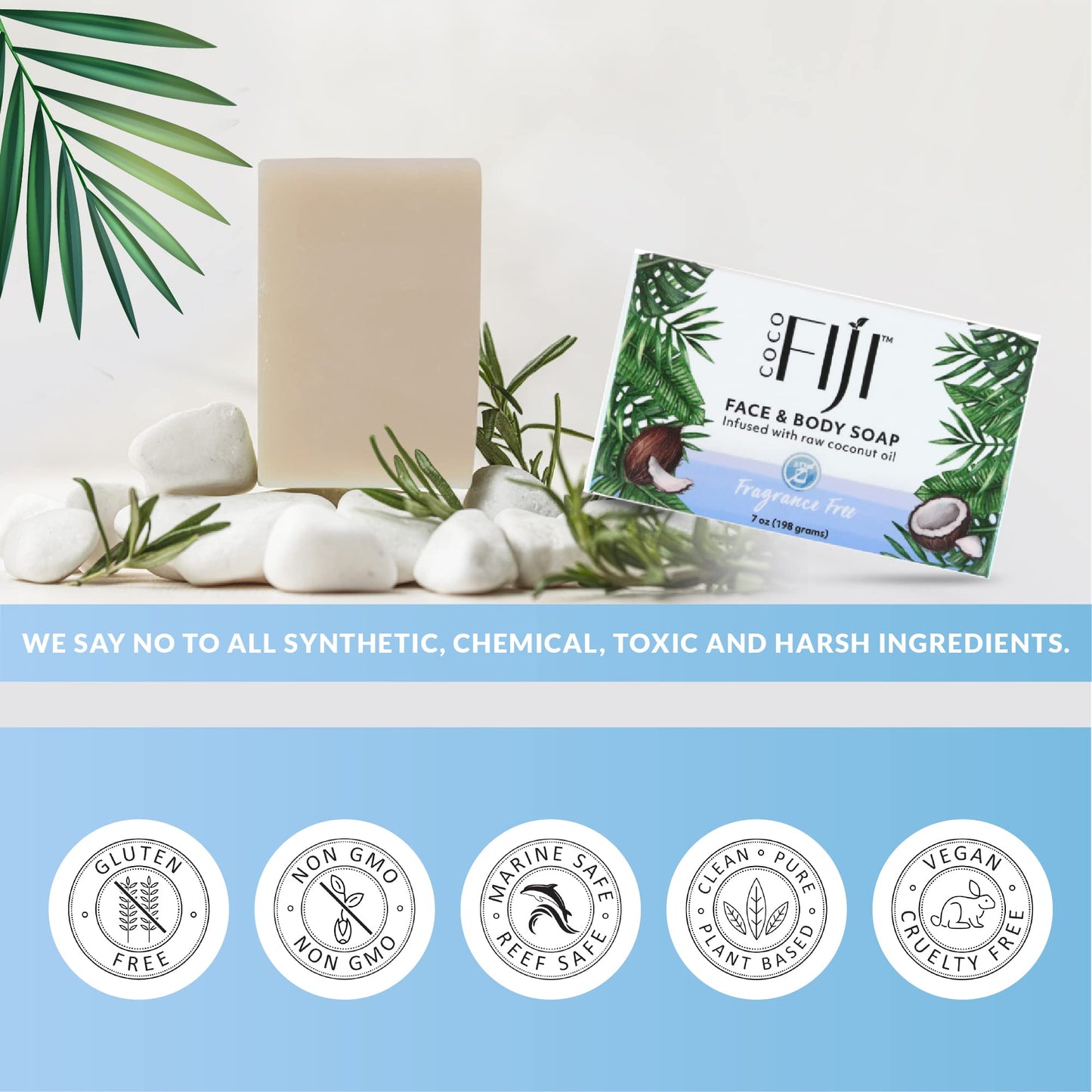 "Coco Fiji Soap Bar for Face and Body Infused With Organic Coconut Oil, Fragrance Free, Essential Oil, Natural Soap for Moisturizing & Pore Purifying Skin, 7 oz, Pack Of 3 "