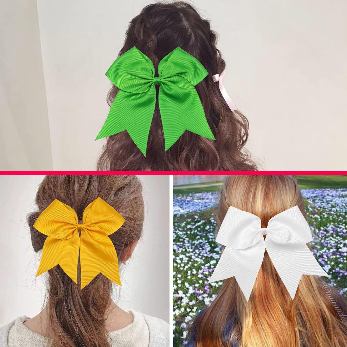 TUUXI 4pcs 8" Large Cheer Bows for Cheerleading Cheerleader Bows Elastics Hair Ties Bands Grosgrain Ribbon Ponytail Holder Team Baseball Softball Tennis White Pink Yellow Green