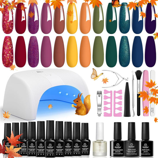 Beetles 28 Pcs Gel Nail Polish Kit with U V Light, 12 Fall Colors Red Green Orange Glitter Gel Nail Polish LED Nail Lamp Gel Base Top Coat Set Salon DIY Home Nail Decoration Gift for Women