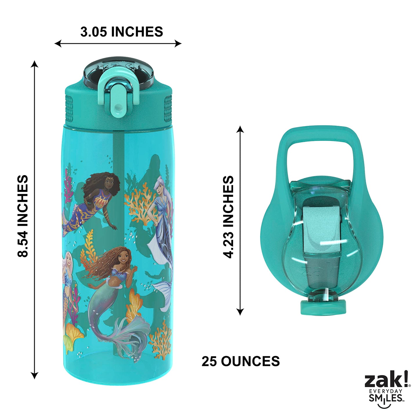 Zak Designs Disney The Little Mermaid 2023 Kids Water Bottle For School or Travel, 25oz, Durable Plastic, with Pop-Up Antimicrobial Spout and Cover, Handle, and Leak-Proof (Ariel and Sisters)