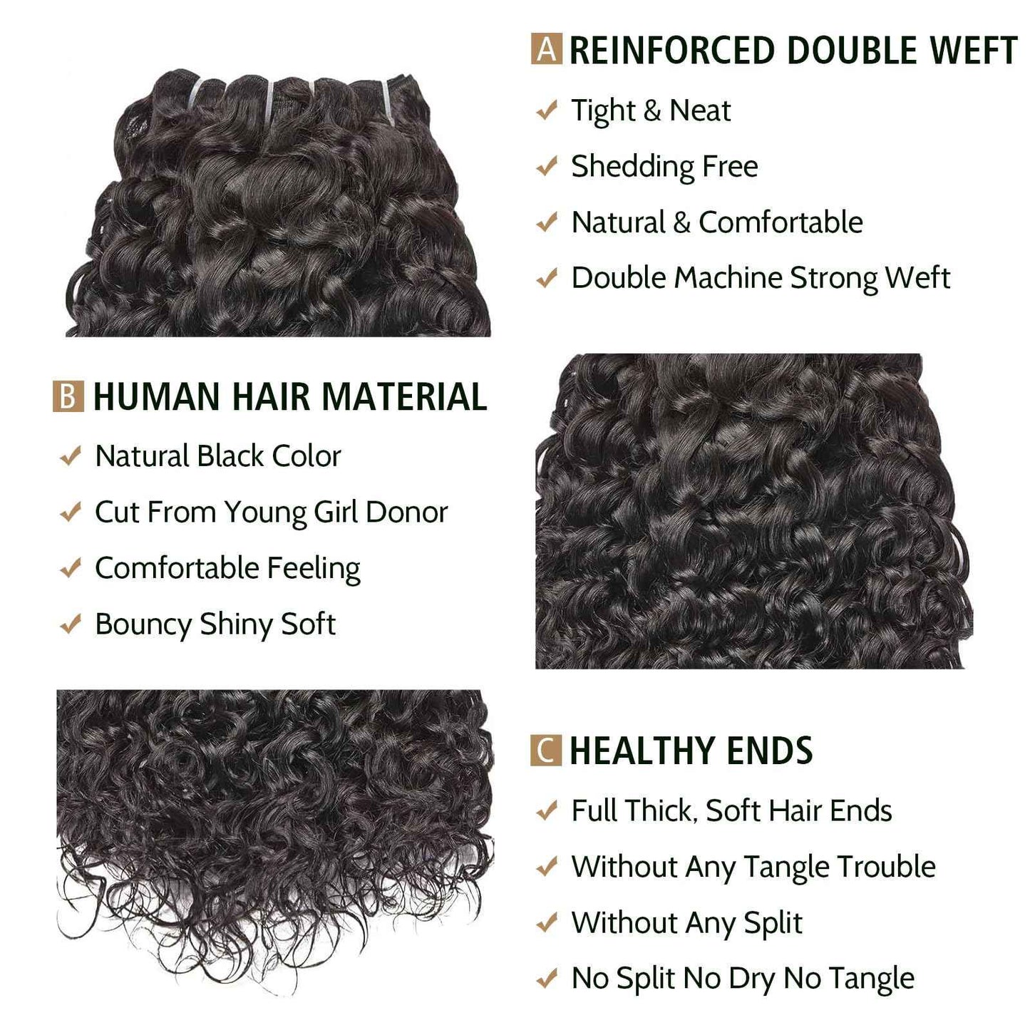 Wequeen 16A Deep Wave Human Hair Bundles 16 Inch 100% Unprocessed Brazilian Virgin Hair Quick Weave Bundles Human Hair Extensions Real Human Hair, Natural Black