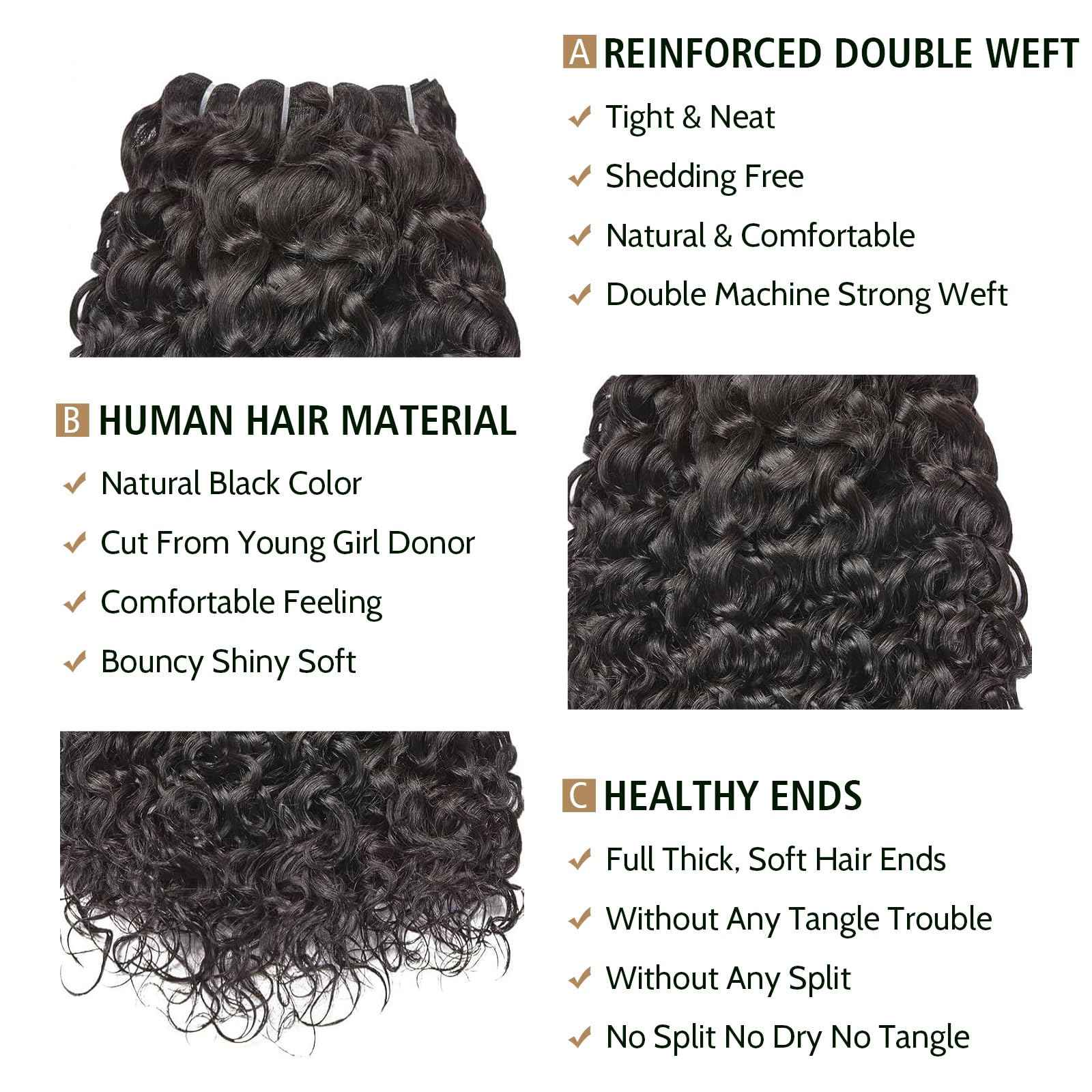 Wequeen 16A Deep Wave Human Hair Bundles 16 Inch 100% Unprocessed Brazilian Virgin Hair Quick Weave Bundles Human Hair Extensions Real Human Hair, Natural Black