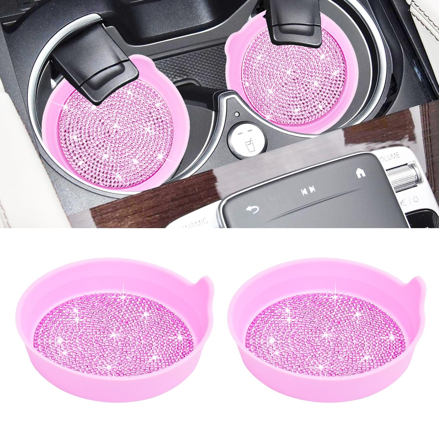 Amooca Car Cup Coaster Universal Non-Slip Cup Holders Bling Crystal Rhinestone Car Interior Accessories 2 Pack Pink Whole Rhinestone