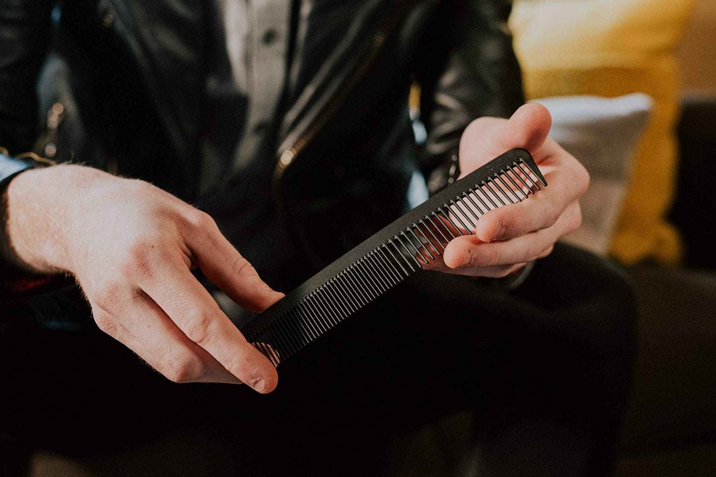 Chicago Comb Model 6 Carbon Fiber Comb + Dublin Black Horween leather sheath, Made in USA, ultimate styling comb, for men & women, smooth strong & light, anti-static, American-made leather case