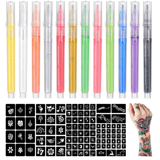 ANTIKE Temporary Tattoo Markers for Skin,12 Colors Washable Body Tattoo Pens+104 Unique Tattoo Stencils,Body Markers Temporary Tattoo Kit for Teens and Adult ZYH2311001KIT