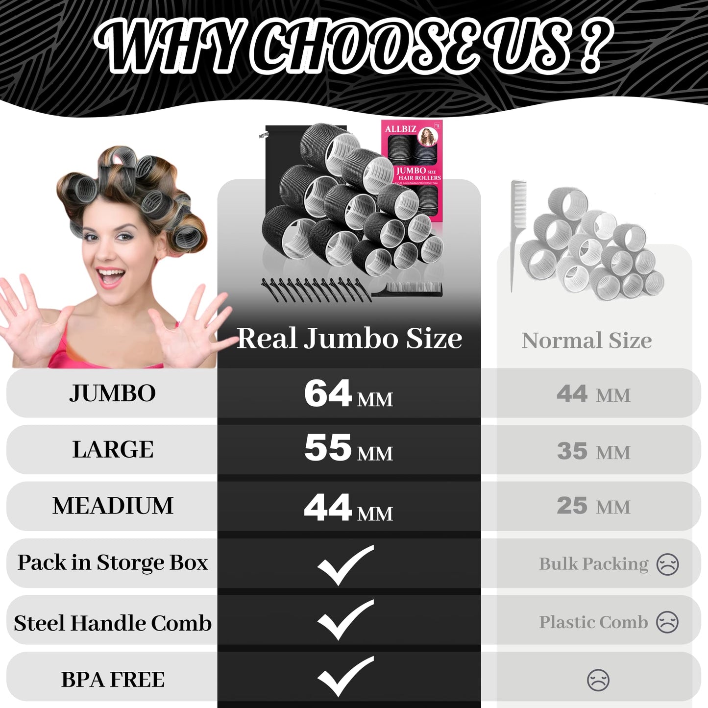 ALLBIZ 32 Pcs Set Jumbo Large Hair Rollers for Blowout Look with Clips, Comb and Bag, 3 Sizes Rollers for Long Hair, Medium and Short Hair, Black