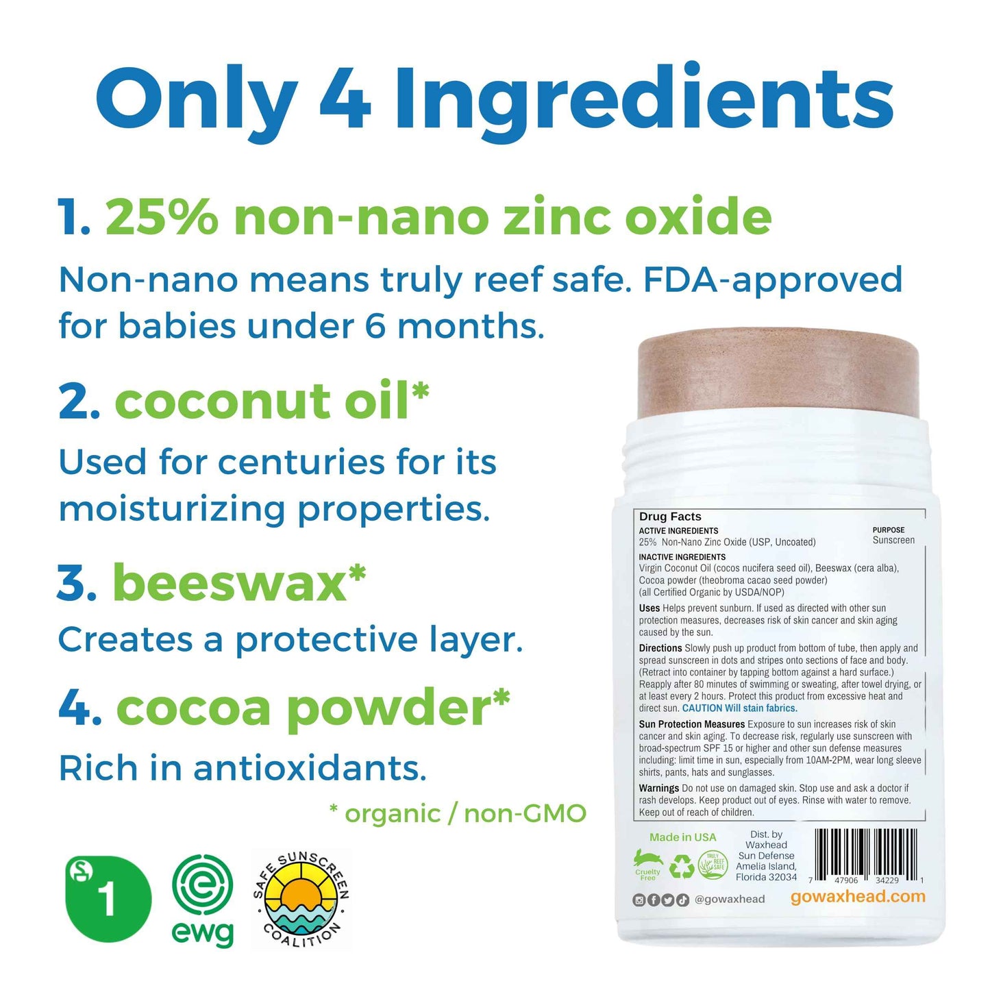 Waxhead Tinted Zinc Sunscreen Stick Face SPF 30 - Reef Safe Sunscreen, Tinted Zinc Oxide Stick Biodegradable, Waterproof, Skin Tone, Food-Grade, Non-Nano, Natural Non-Toxic Kids, Surfing (Tint, 3.7oz)