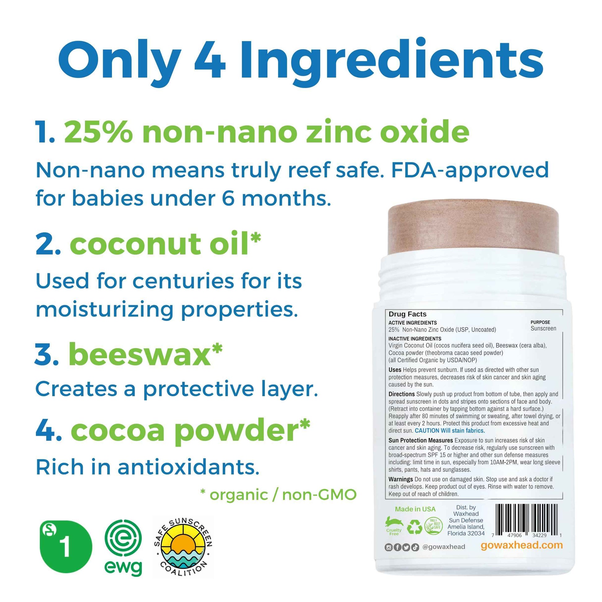 Waxhead Tinted Zinc Sunscreen Stick Face SPF 30 - Reef Safe Sunscreen, Tinted Zinc Oxide Stick Biodegradable, Waterproof, Skin Tone, Food-Grade, Non-Nano, Natural Non-Toxic Kids, Surfing (Tint, 3.7oz)