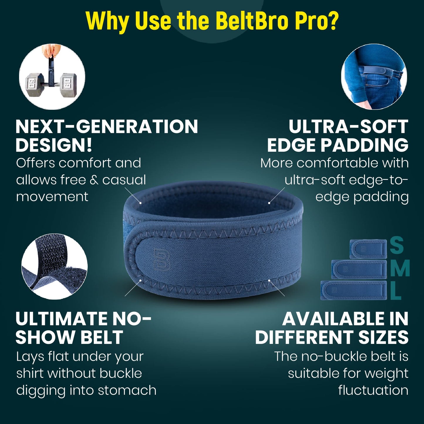 BeltBro Pro Pairs For Men – Next Generation Buckle-Free Elastic Belt With Ultra-Soft Edge Padding - Fits 1.5 Inch Belt Loops (Denim)