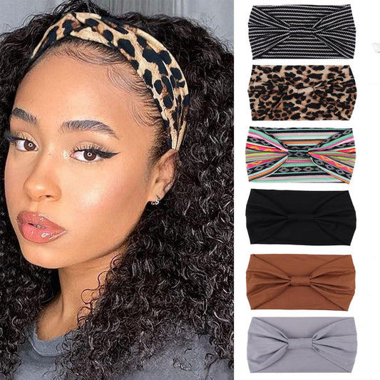 XTREND 6 Packs Wide Headbands Fashion Boho For Women Headband Large African Style Knotted Head Bands Yoga Sports Fitness Printing Simple Pure Color Hair Accessories（Solid and Printed）