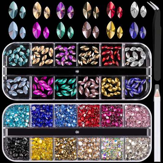 Mixed Color Flatback Round and Horse Eye Shape Rhinestones Kit, Multi Size Glass Crystals Bead with Pickup Pencil and Tweezer for Nail Art