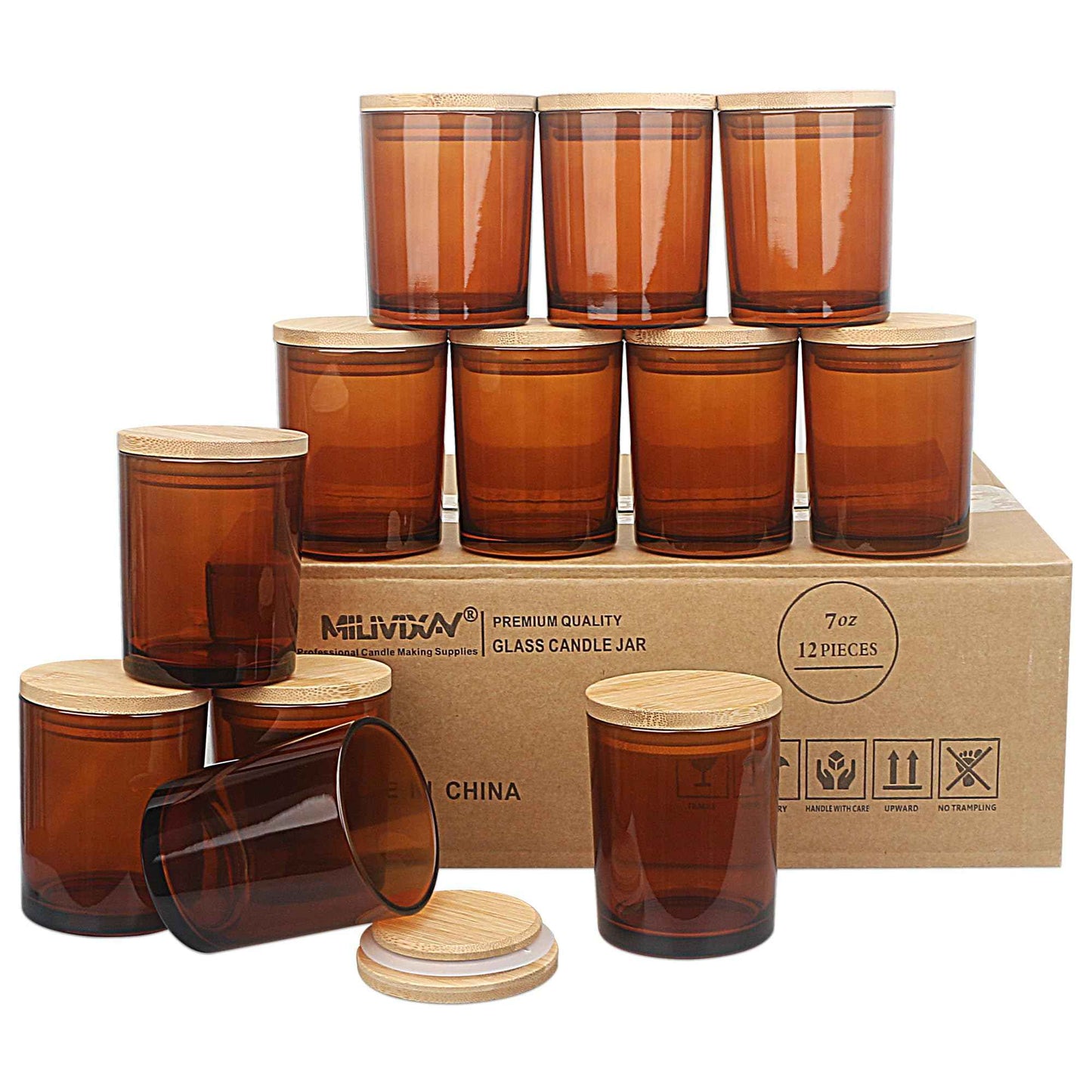MILIVIXAY 12 Pack 7 OZ Amber Thick Glass Candle Jars with Lids - Bulk Empty Candle Jar for Making Candles - Spice, Powder Containers.