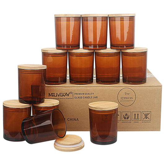 MILIVIXAY 12 Pack 7 OZ Amber Thick Glass Candle Jars with Lids - Bulk Empty Candle Jar for Making Candles - Spice, Powder Containers.