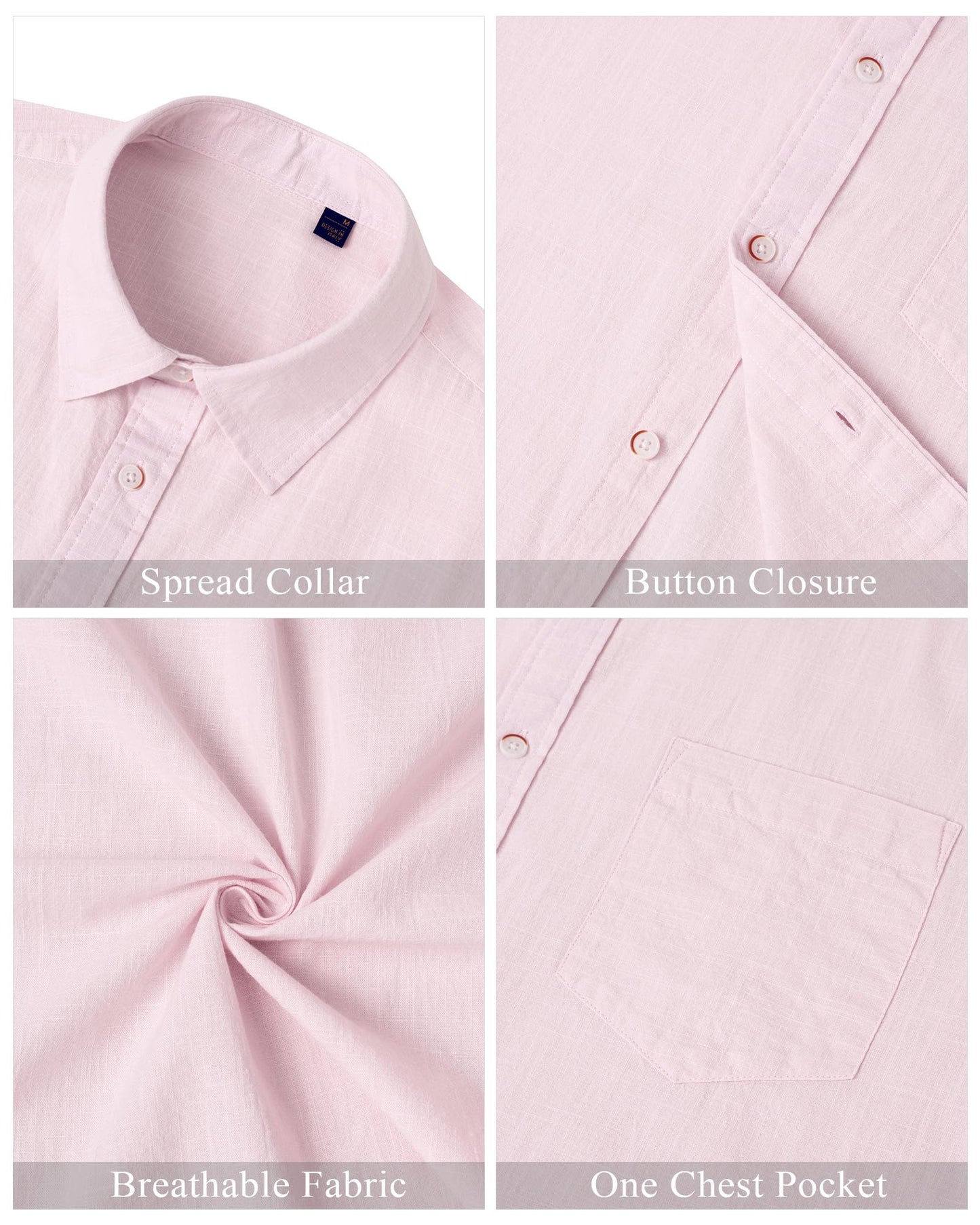 J.VER Men's Linen Cotton Button Down Shirt Lightweight Casual Wedding Short Sleeve Shirt Summer Beach Top with Pocket Light Pink Medium