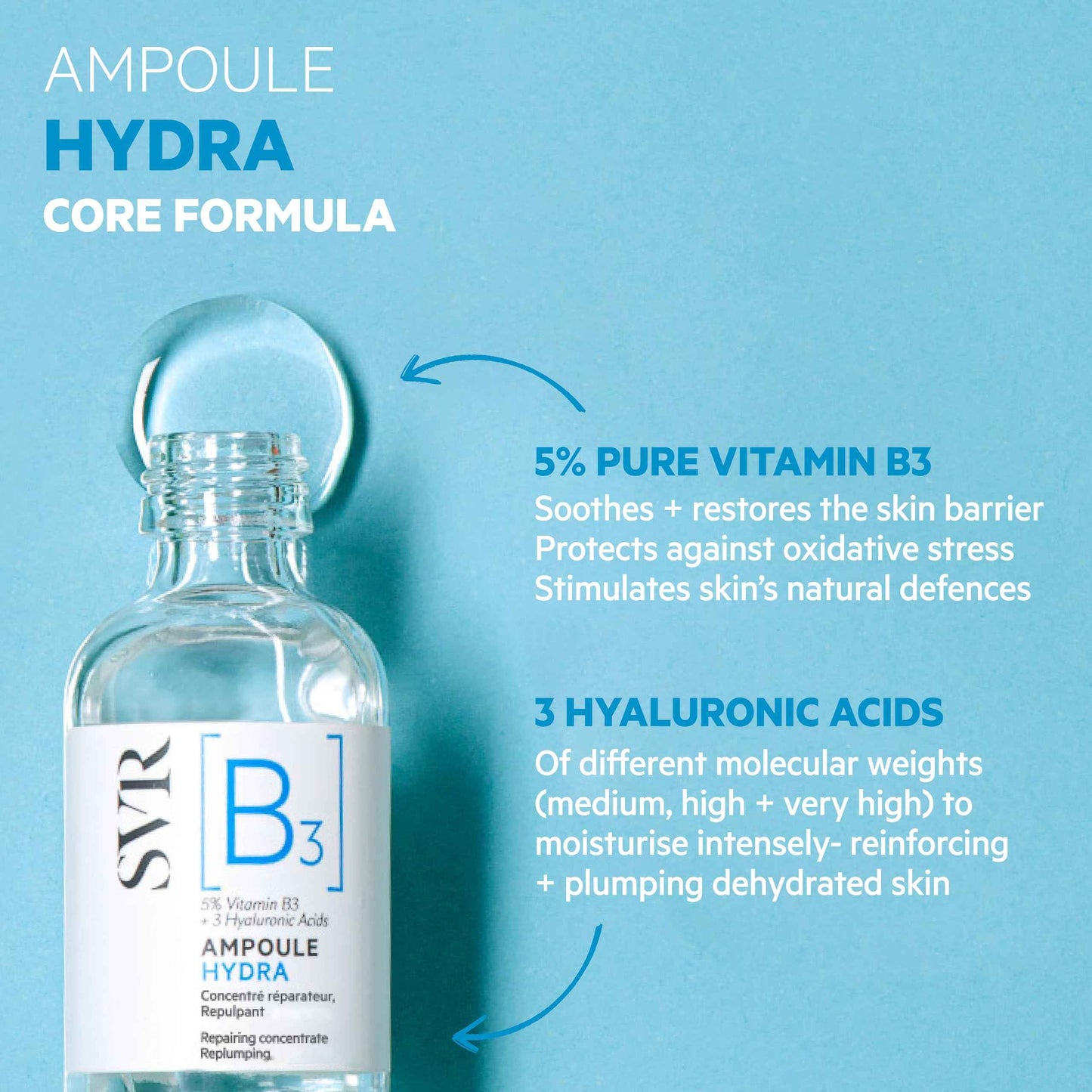 SVR [B3] Concentrate Hydra Plumping Face Serum With Niacinamide And 3 Types Of Hyaluronic Acid. Moisturize, Visibly Plumps And Reduces The Appearance Of Fine Lines. Fragrance Free Care, 1 Fl.oz.