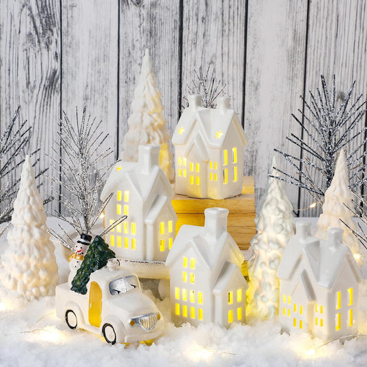 DoubleFill 17 Pcs Ceramic Christmas Village Sets Winter Village Houses Ceramic Christmas Tree Porcelain Plastic Vintage Truck Snow Covered Branch Trees for Xmas Party Table Decorations