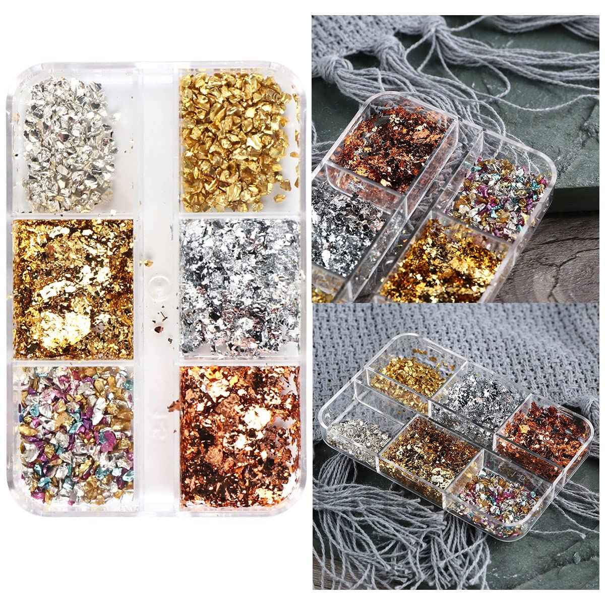 6 Grids Metallic Nail Art Foil Flakes, Gold Nail Glitter, Holographic Sequins, 3D Sparkly Aluminum Foil, Silver Nail Supplies for Women Girls
