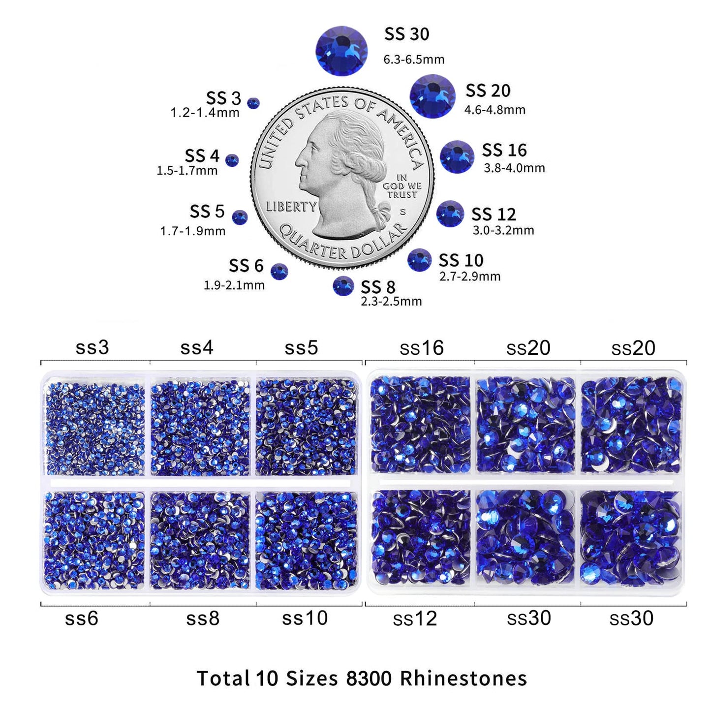 Beadsland 8300PCS Flatback Rhinestones, Royal Blue Rhinestone Round Crystal Rhinestones for Crafts, Mixed 10 Sizes with Wax Pencil and Tweezer Kit, SS3-SS30, Sapphire