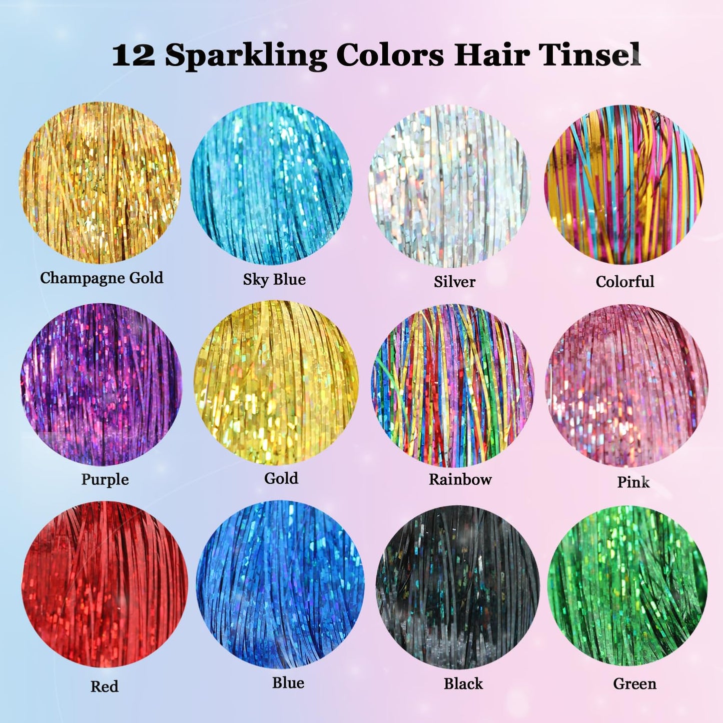 Hair Tinsel Kit 48 Inches 16 Colors 3200 Strands Tinsel Hair Extensions Kit with Tools Fairy Hair Tinsel Heat Resistant Highlights Sparkling Glitter Hair Extensions Hair Tensile Kit for Women Girls