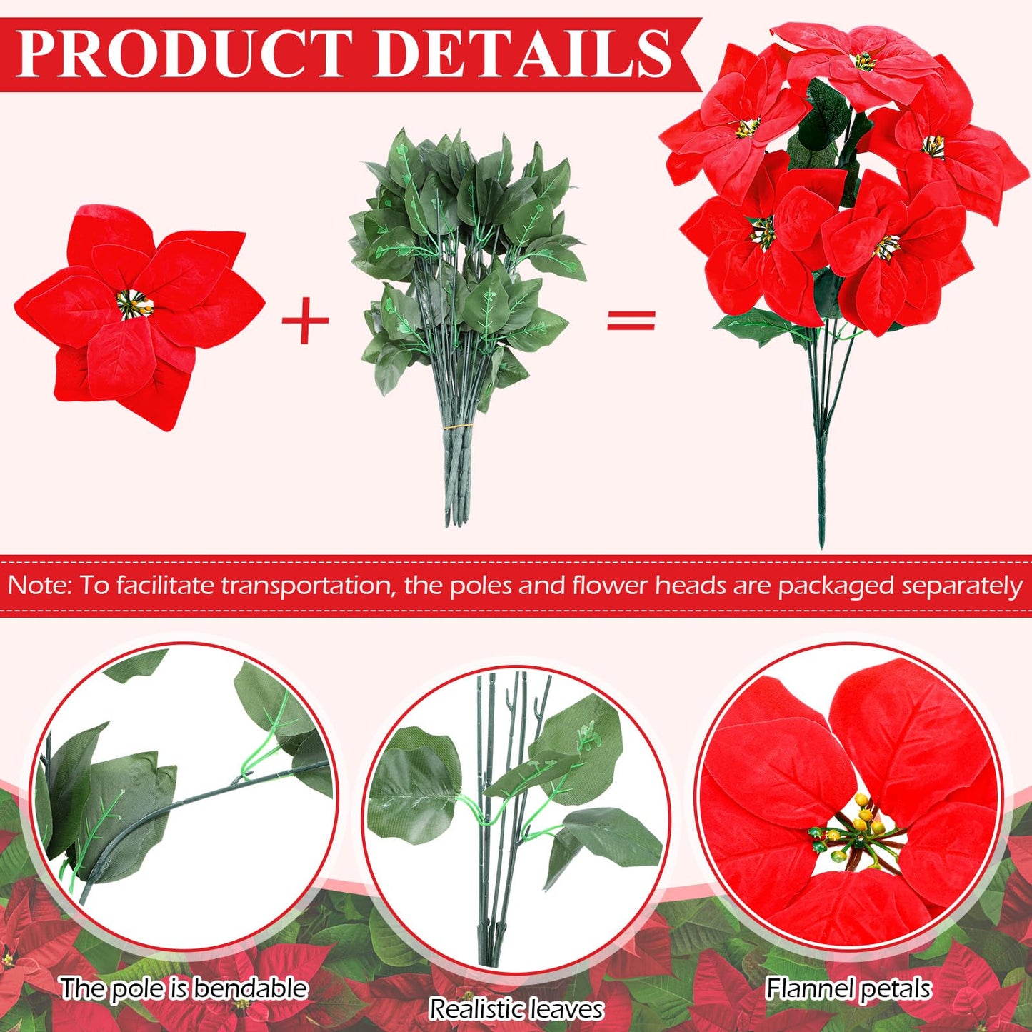 Riceshoot 18 Pcs Christmas Artificial Poinsettia Bushes 18 Inch Faux 5 Heads Poinsettia Bush Bouquets Velvet Artificial Christmas Flowers for Xmas Tree Home Indoor Outdoor Decorations (Red)