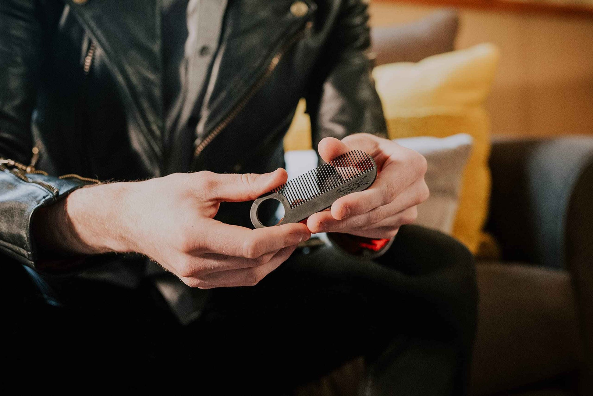 Chicago Comb No. 2 Carbon Fiber + Tan Horween leather sheath, Made in USA