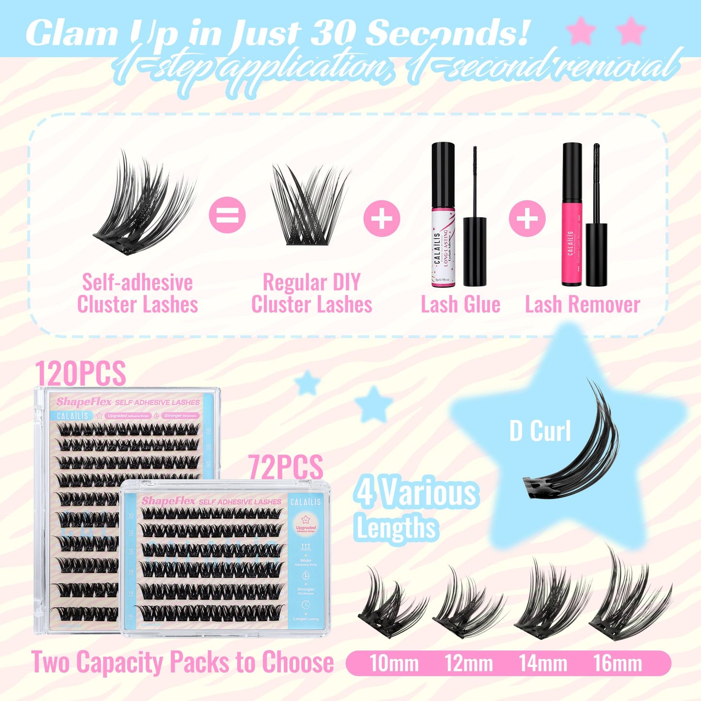 CALAILIS Self Adhesive Eyelashes 72Pcs D Curl Press on Lashes Pre Glued Eyelash Clusters No Glue Needed Lash Clusters Reusable Glueless DIY CLuster Lashes Kit with Tweezers for Beginners (ZN20)