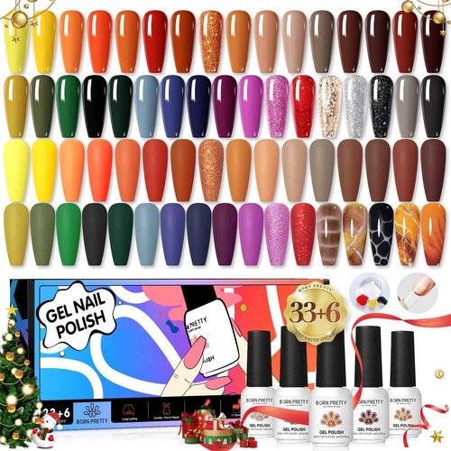 Born Pretty Fall Winter Gel Nail Polish Set Autumn Gel Polish Orange Pumpkin Cozy Campfire Brown Caramel Burgundy Wine Red Green Coffee Gel Nail Polish Fall Colors Collection 39PCS