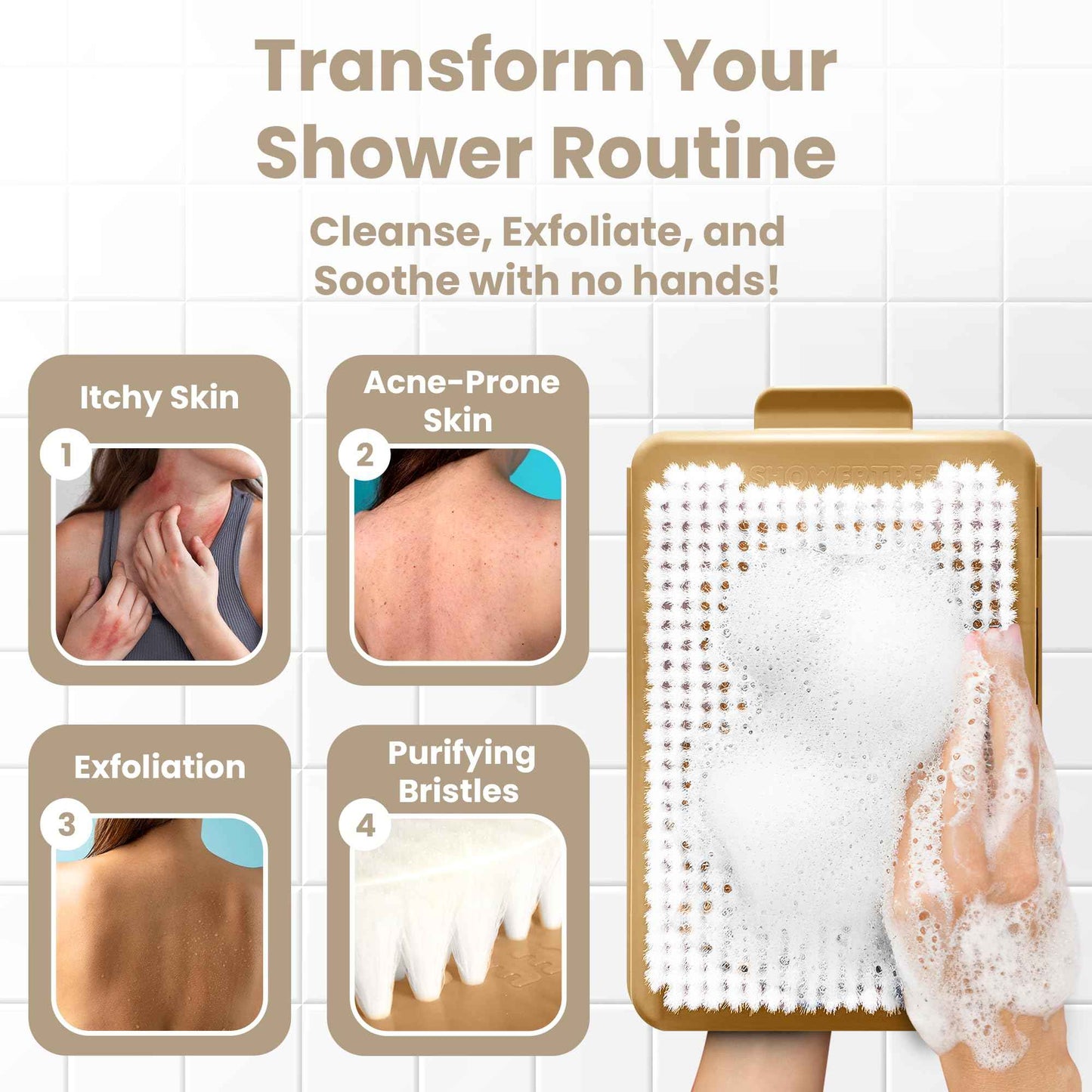 ShowerTree Wall-Mounted Back & Body Shower Scrubber | Replaceable Brush with Exfoliating Bristles for Back & Skin Care (Tan)