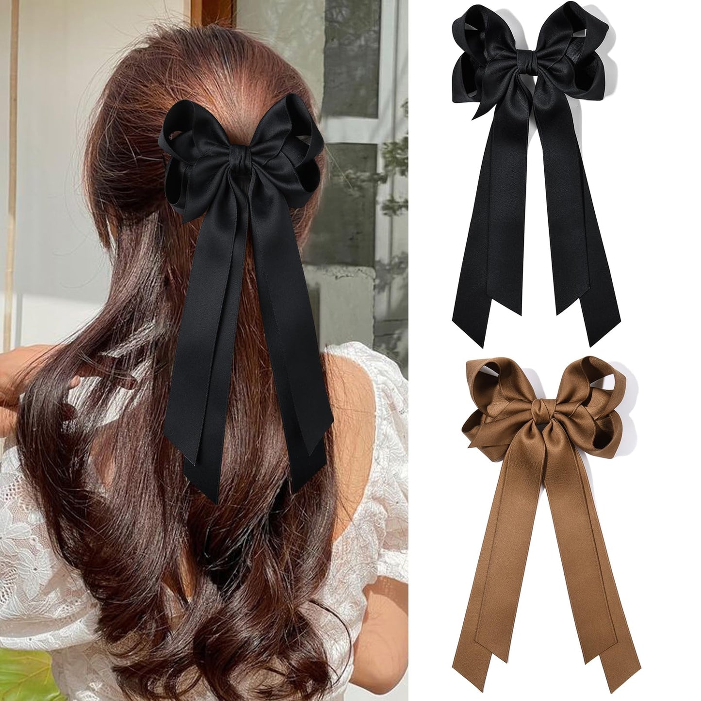 Hair Accessories: 2PCS Metal Clips, Ribbon Slides for Girls, Toddlers, Teens, Kids in Black & Brown