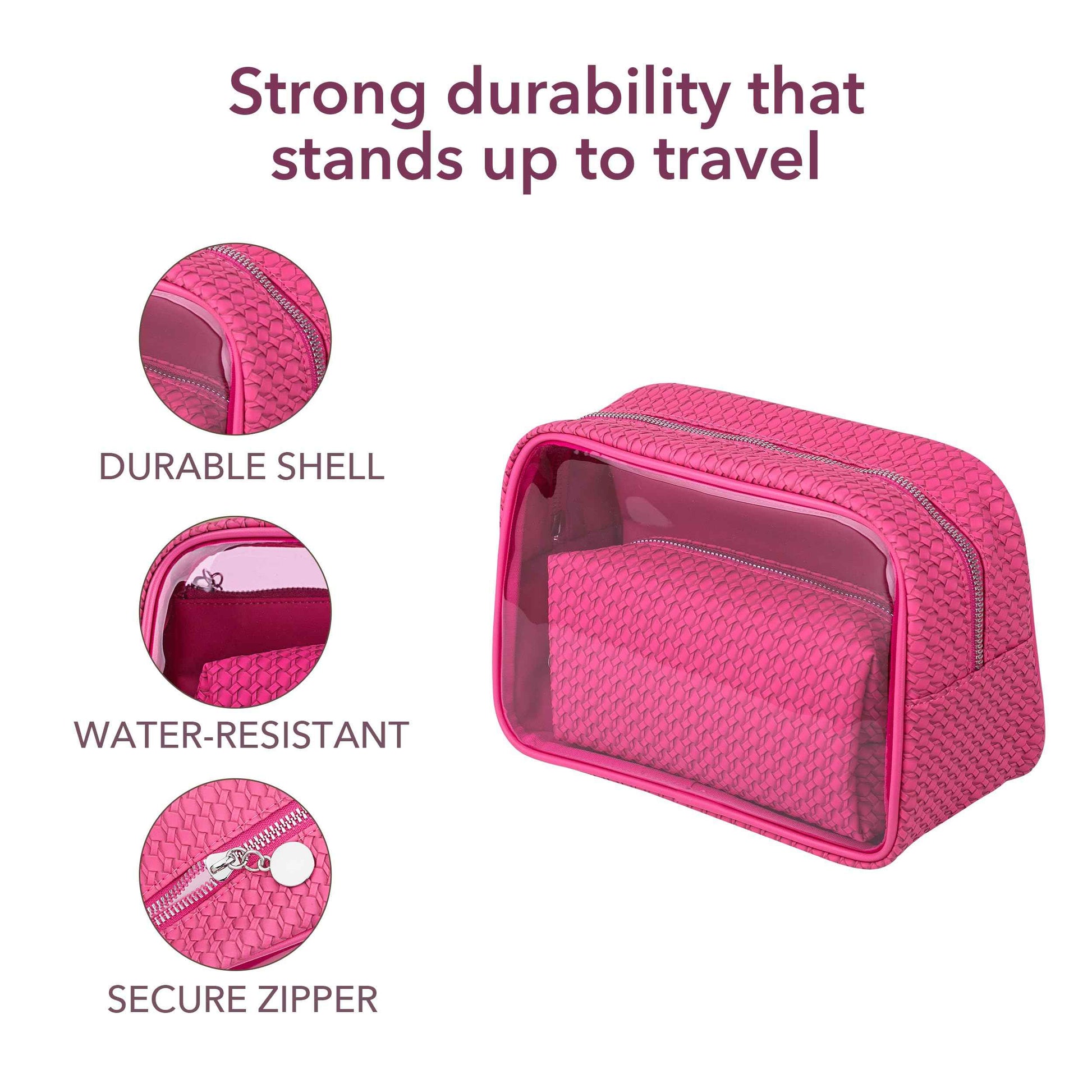 Sylune 3-in-1 Clear Toiletry Bag Set – Waterproof Travel Makeup Organizer with Textured Pouches, Transparent Cosmetic Case for Women (Pink)