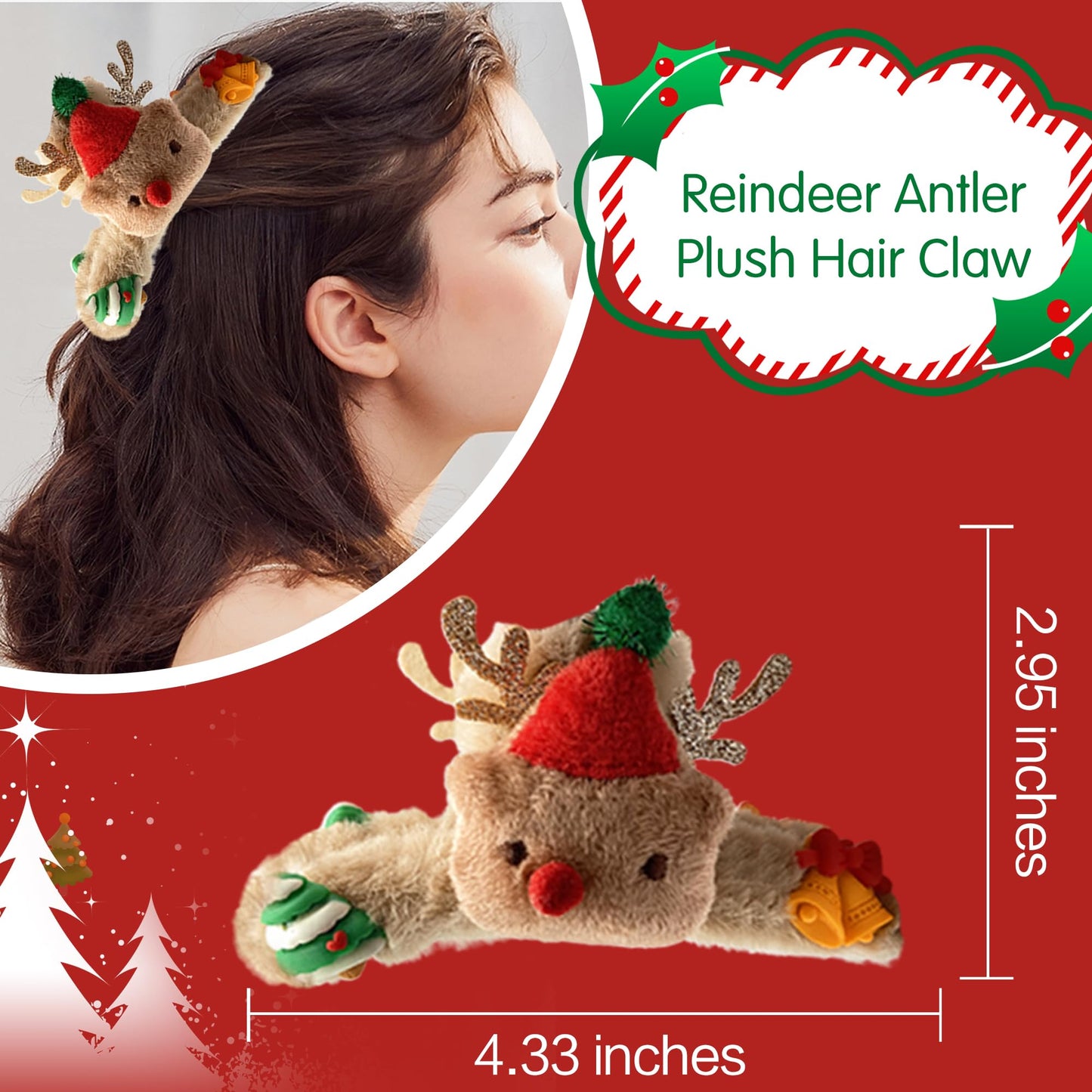 Christmas Hair Claw Clip - Beleki Plush Reindeer Antler Hair Claw ELK Hair Claw Clip for Thick Thin Hair Christmas Hair Accessories for Women and Girls Gifts, 1 Pack