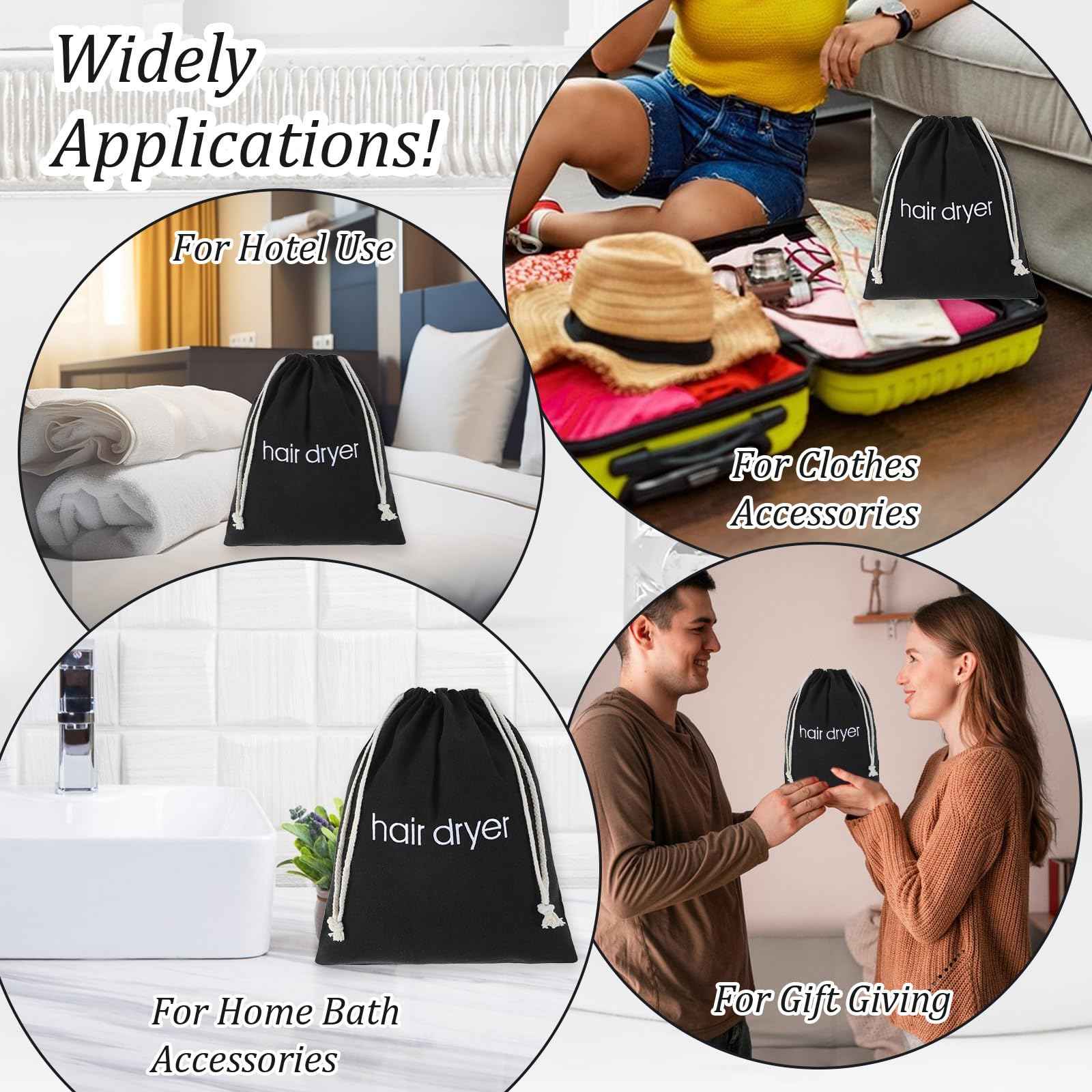 Tyqour Hair Dryer Bag Black Drawstring Hair Dryer Organizer for Travel & Bathroom, 14.96 x 11.81 Inch
