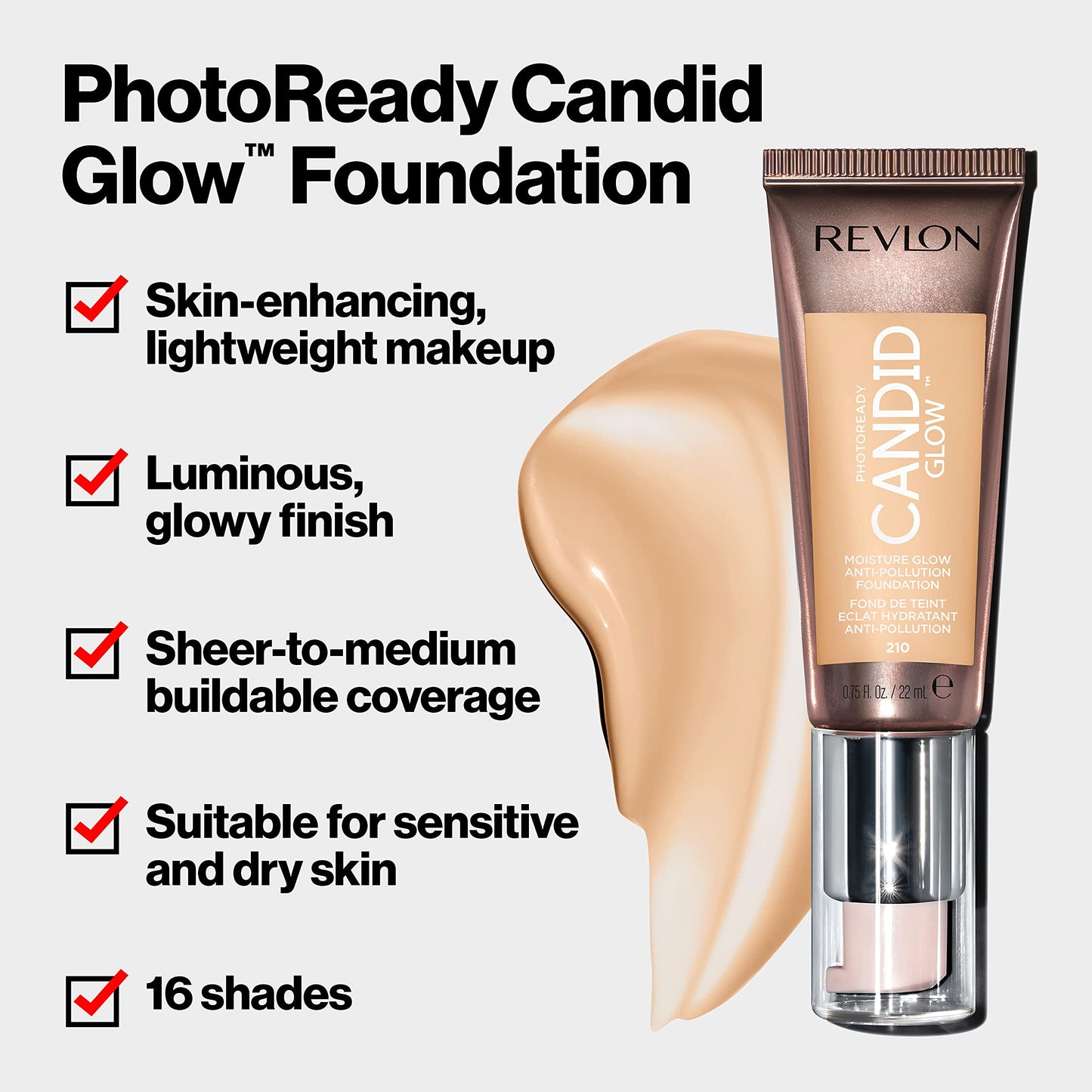 Revlon PhotoReady Candid Glow Moisture Glow Anti-Pollution Foundation with Vitamin E and Prickly Pear Oil, Anti-Blue Light Ingredients, without Parabens, Pthalates, and Fragrances, Mocha, 0.75 oz