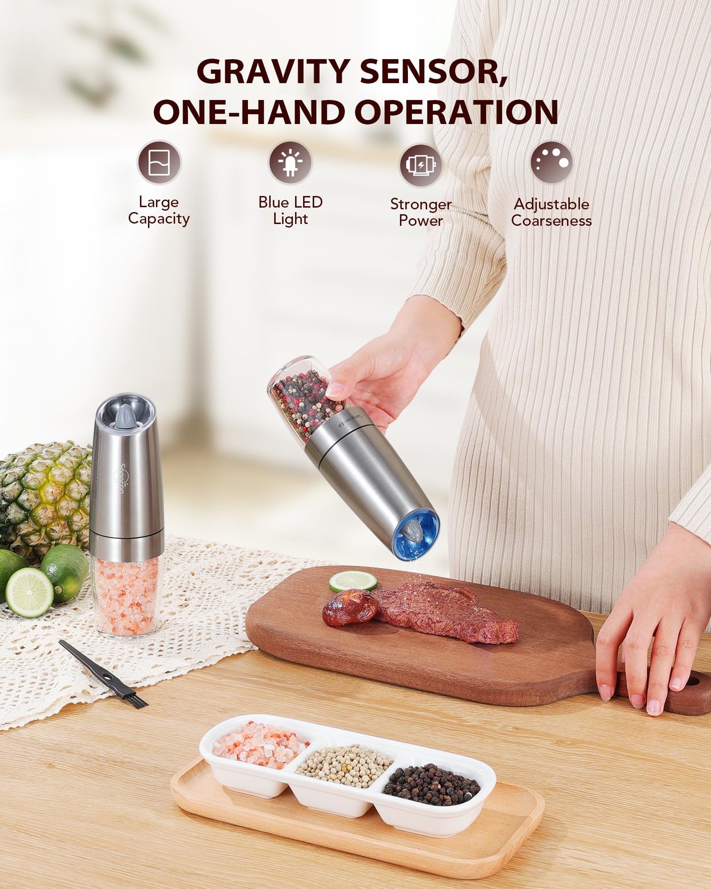 Sangcon Gravity Electric Pepper and Salt Grinder Mill Set Automatic Shakers Grinder with LED Light, Battery Powered Adjustable Coarseness One Hand Operation, Upgraded Larger Capacity