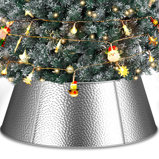 28" Metal Christmas Tree Collar with 20ft LED String Lights, Tree Ring Stand Base Cover Holiday Skirt Decor for Real or Artificial Trees, Silver