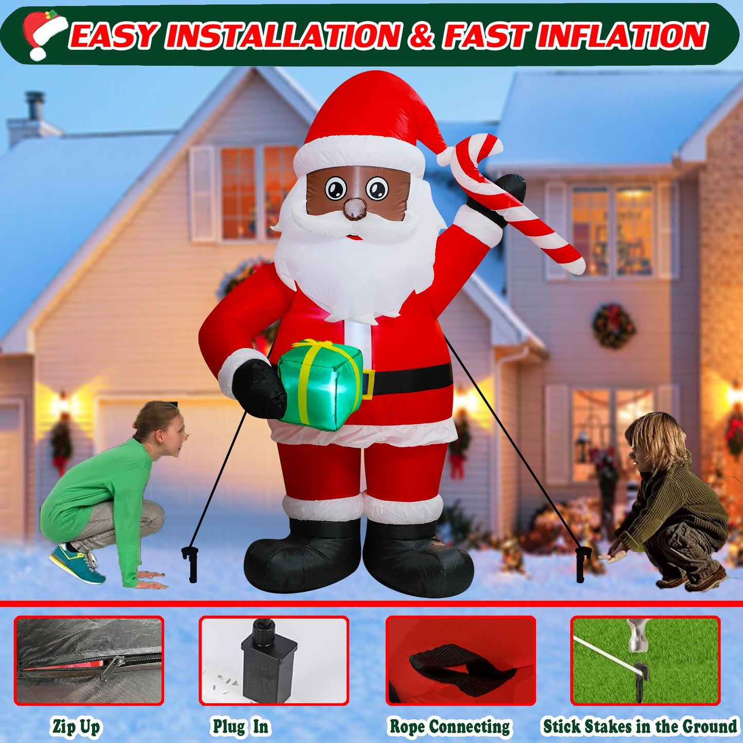 Trystway 6FT Inflatable Christmas Black Santa Claus with Gift Box and Candy Decoration Blow Up Built-in LED for Holiday Lawn Yard Garden Home Indoor Outdoor Party