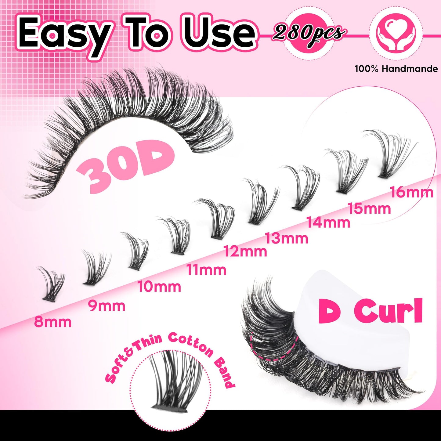 FANXITON Lash Clusters 280Pcs Wispy Lash Clusters D Curl 8-16Mix Natural Eyelash Clusters 30D Individual Eyelash DIY Lash Extensions at Home (0.07D 30D)