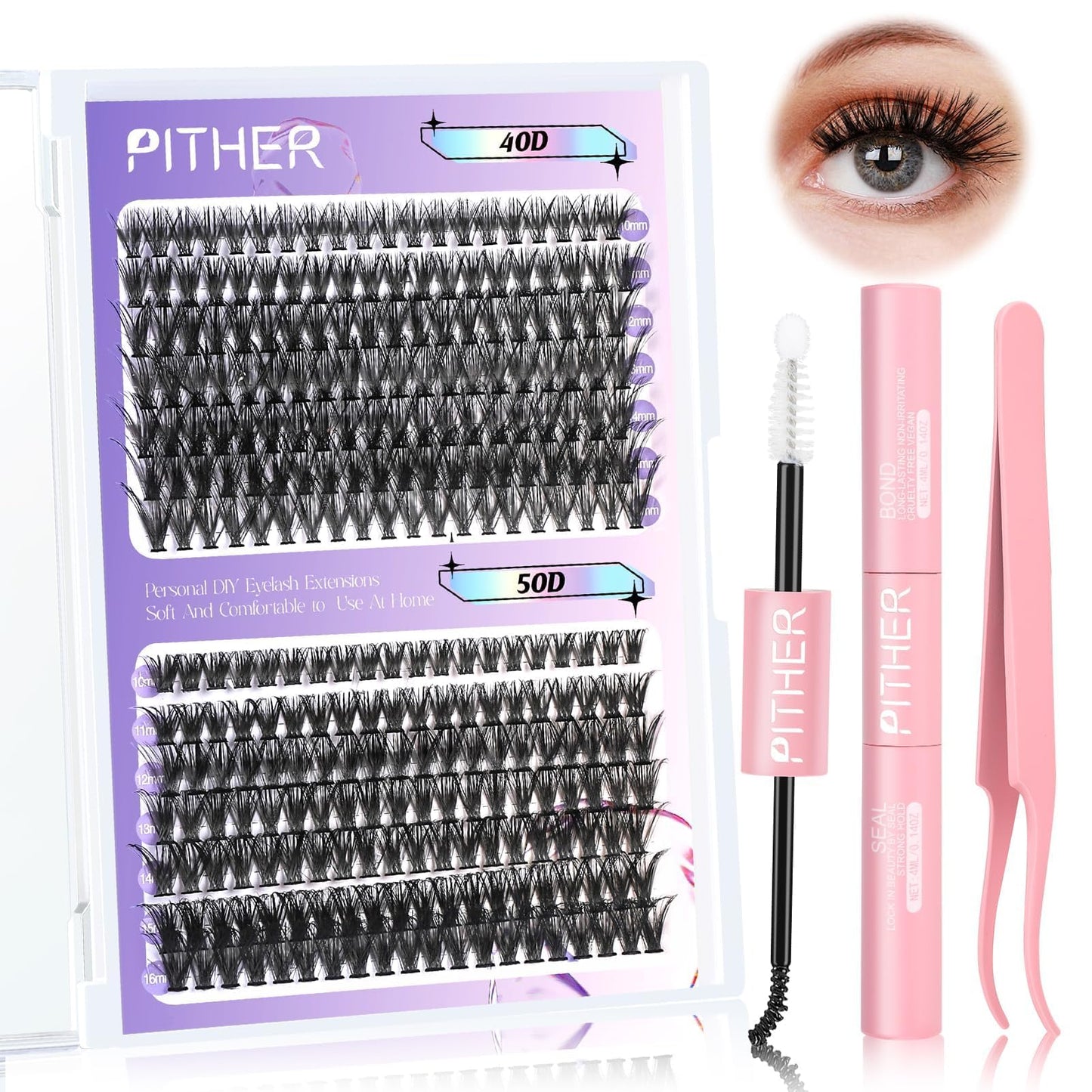 Lash Extension Kit, PITHER 280pcs DIY Eyelash Extension Kit at Home with Lash Bond and Sealant Lash Tweezers for Self Use (0.07mm 10-16mm Volume Lash Clusters 40D+50D)