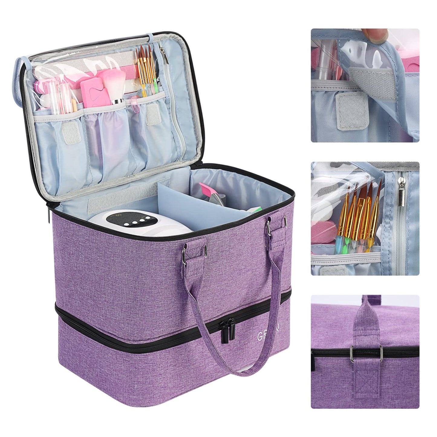 GR69N Nail Polish Organizer Bag,Double Layer Nail Polish Storage Fits a Nail Lamp and 40 Bottles,Great Size Nail Storage Organizer For Nail Drill,Nail Supplies Set (Bag Only)-Purple