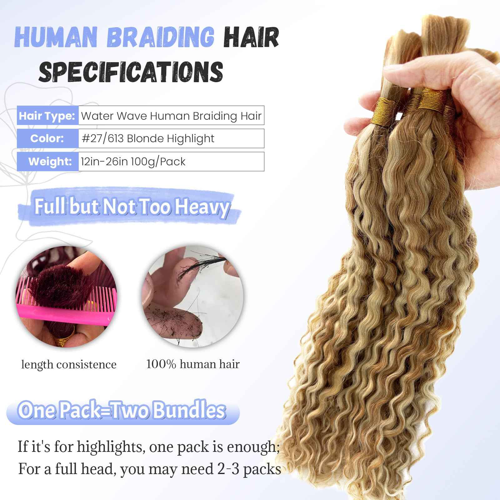 Highlight Human Braiding Hair for Boho Braids, 27/613 Curly Boho Human Hair for Braiding Highlights Blonde Deep Water Wave Bulk Human Hair Color 27 and 613 Bohemian Knotless Braids Two Bundles