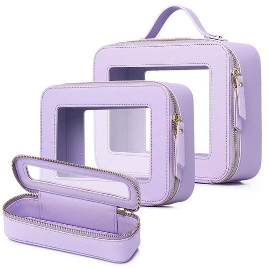 LOFOWN Travel Makeup Set Waterproof Transparent Cosmetic Bag and Toiletry Bag Makeup Brush case with Zipper Car Essentials for Women (Purple, L+M+SLIM)