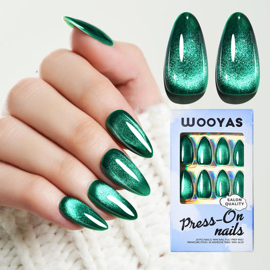 Wooyas Cat Eye Press on Nails, Forest Green Shimmer Almond Medium Handmade Fake Nails, Glossy Salon Perfect Magnetic Gel Nails in 12 Sizes - 24 Pcs False Nails Kit for Women Girls