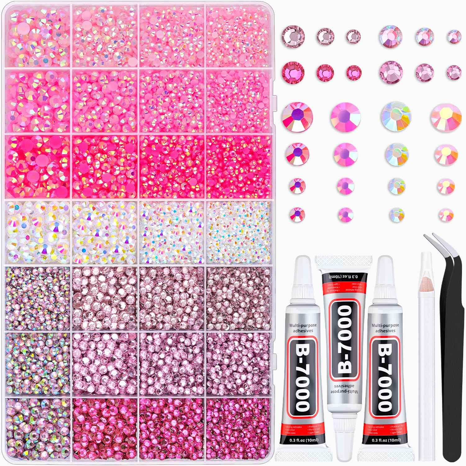 20000Pcs Pink Rhinestones for Bedazzling with 3Pcs B7000 Jewelry Glue, Resin Rhinestones for Crafting Crafts，Bedazzler Kit Flatback Gems for Clothing Shoes Tumblers Nail Art