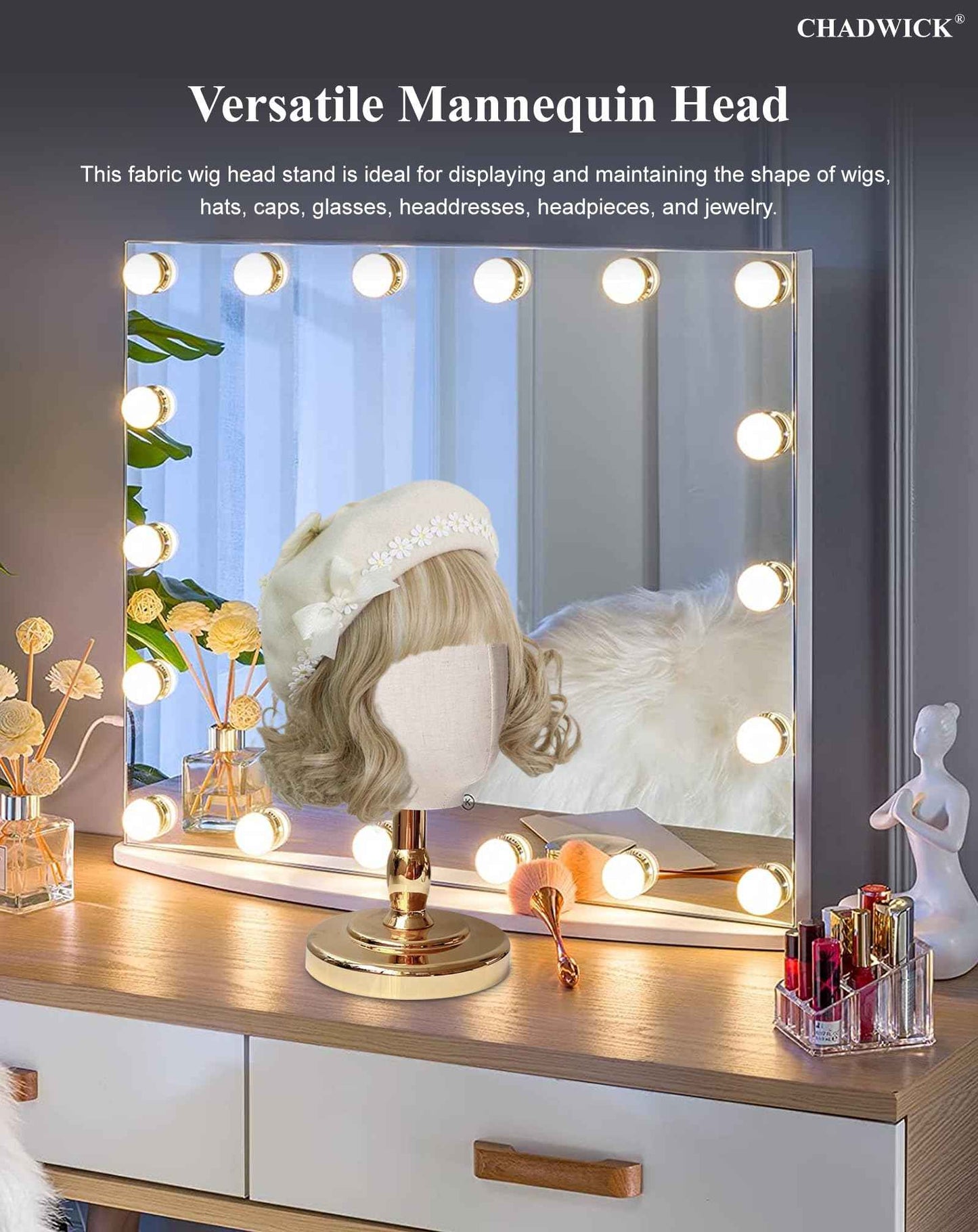 UnPinnable Wig Head Stand 21 Inch Mannequin Head Hat Stand Canvas Block Head Hat Mannequin Head Display Fabric Wig Holder Display Heads for Wigs, Hats, Caps, Headdress, Masks, Detachable Chrome Stand