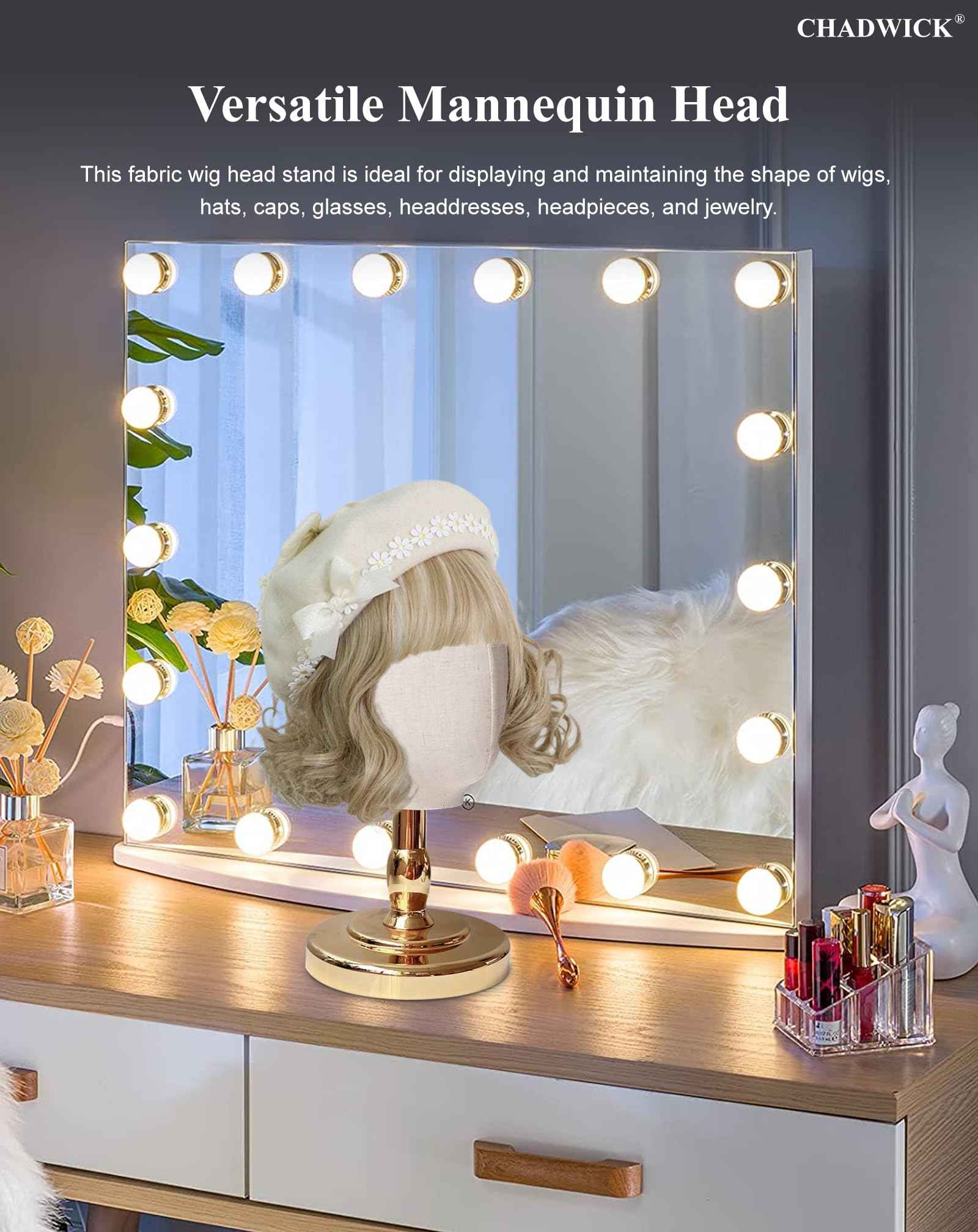 UnPinnable Wig Head Stand 21 Inch Mannequin Head Hat Stand Canvas Block Head Hat Mannequin Head Display Fabric Wig Holder Display Heads for Wigs, Hats, Caps, Headdress, Masks, Detachable Chrome Stand