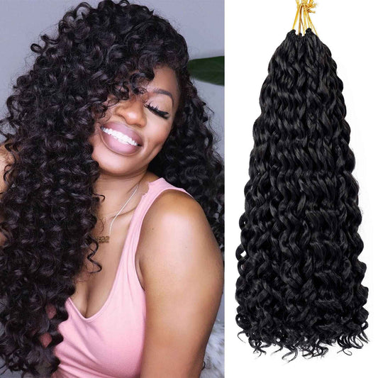 7 Packs GoGo Curl Crochet Hair 18 Inch Long Curly Crochet Hair for Women Beach Curl Water Wave Deep Twist Crochet Braids Synthetic Braiding Hair Extensions (18 Inch, 1B)