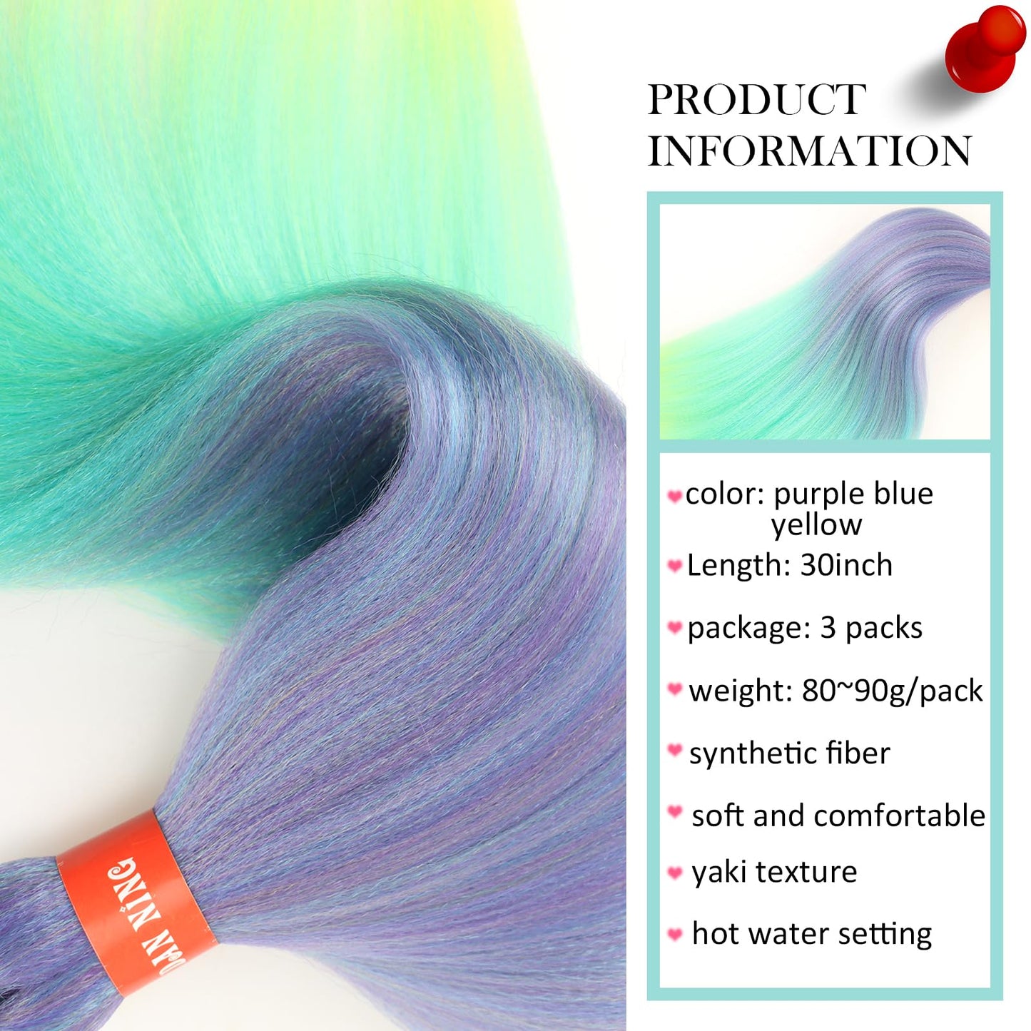 Rainbow-Color Ombre Purple Sky Blue Yellow Pre Stretched Braiding Hair 30 Inch Festival Yaki Texture Braid Hair Extensions 3 Packs Braiding Hair Pre Stretched