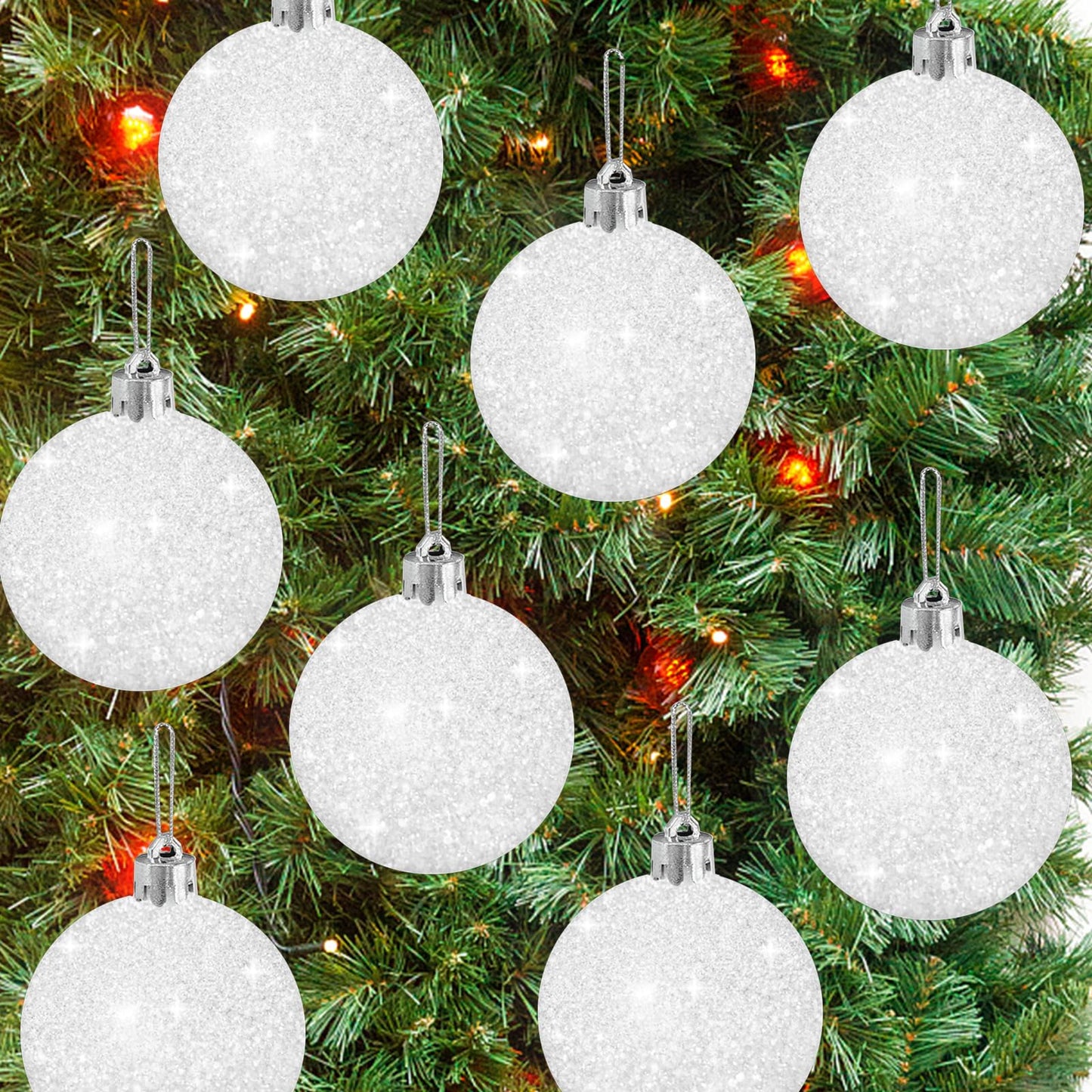 24 Pcs White Christmas Glitter Ball Ornaments Set,Glitter Sparkly Snowballs,Plastic Xmas Hanging Ornaments Decorations for Christams Tree,Wedding Party Supplies,60mm/2.36inch