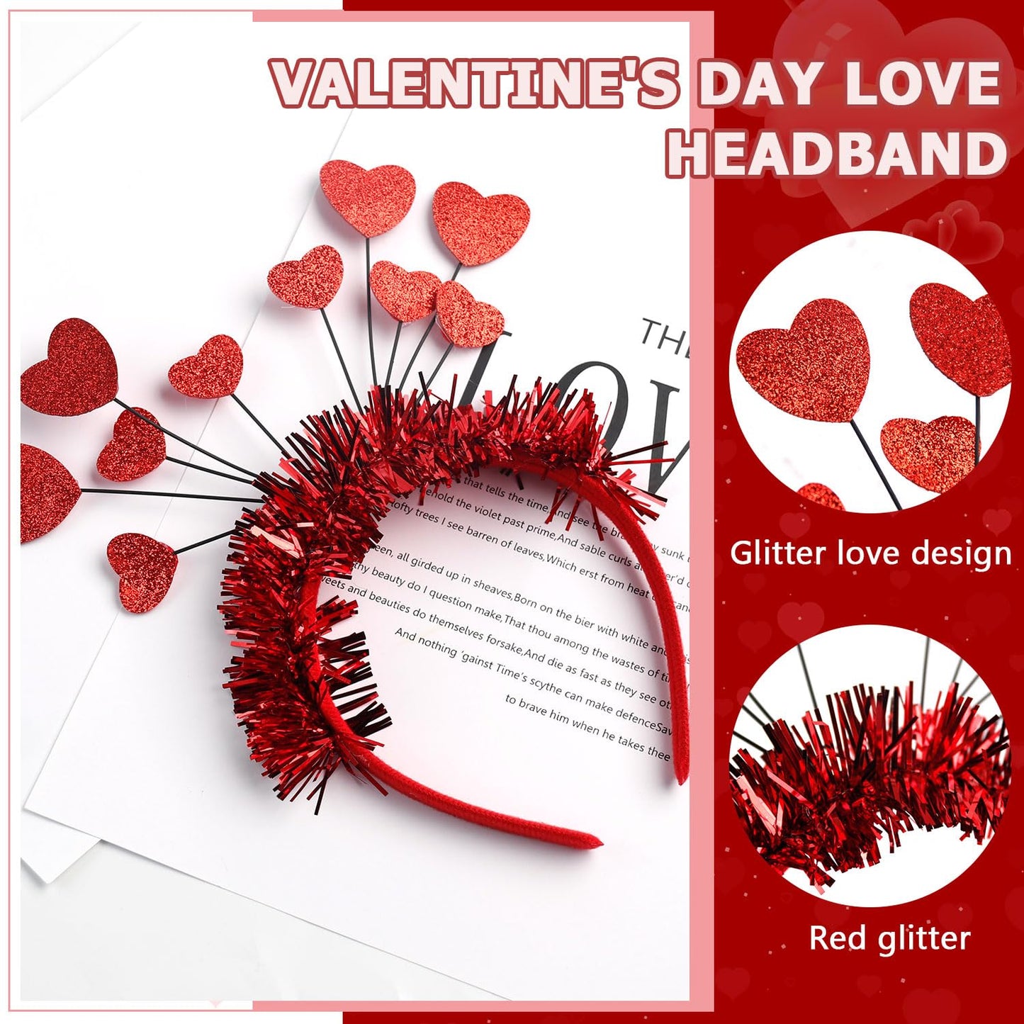 BELSITA 1Pcs Sequins Heart Headbands Valentine’s Day Glitter Hair Bands Red Hearts Shape Head Boppers Headbands Valentine’s Day Hair Accessories Dress for Valentines Party Props Costume Hair Supplies